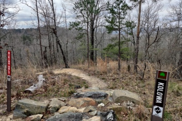 A dirt trail winding through a wooded area, marked with two trail signs. One sign indicates "Biking Only" and another labeled "Kolwa," indicating a challenging path. The landscape features a mix of bare trees and green pines, with rocky terrain and scattered dry grass. The sky is overcast, suggesting a cloudy day. Standing Boy Trails mountain bike trail.
