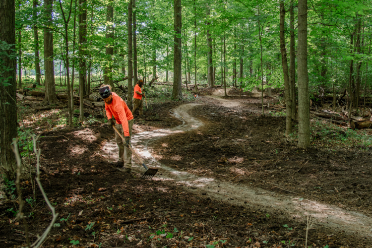Two workers in bright orange shirts are digging and raking a trail in a wooded area. The path is winding through tall green trees, and the ground is freshly turned earth with some foliage. Sunlight filters through the leaves, creating a dappled effect on the ground.