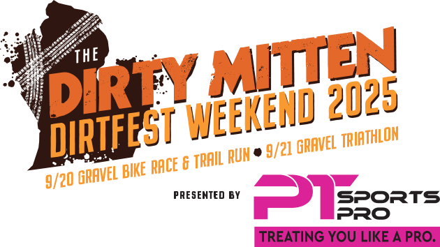 Event promotional graphic for the Dirty Mitten DirtFest Weekend 2025, featuring the event title and date, along with details about the gravel bike race and trail run on September 20, and the gravel triathlon on September 21. The logo includes a sponsor