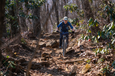 A person riding a mountain bike through a rocky trail in a wooded area, surrounded by trees and green foliage. The rider is wearing a helmet, gloves, and a backpack, focused on navigating the uneven terrain. Farlow Gap mountain bike trail.