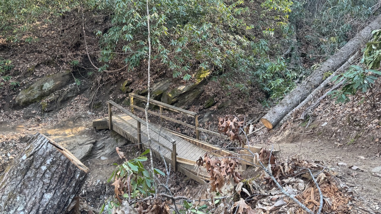 A wooden bridge over a small creek in a wooded area, surrounded by rocky terrain and fallen leaves. Nearby, a large fallen tree and various plants can be seen, indicating a natural, rugged landscape.