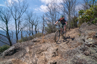 A mountain biker navigating a rocky trail surrounded by bare trees on a sunny day, with blue skies and distant mountains visible in the background. Pilot Rock mountain bike trail.