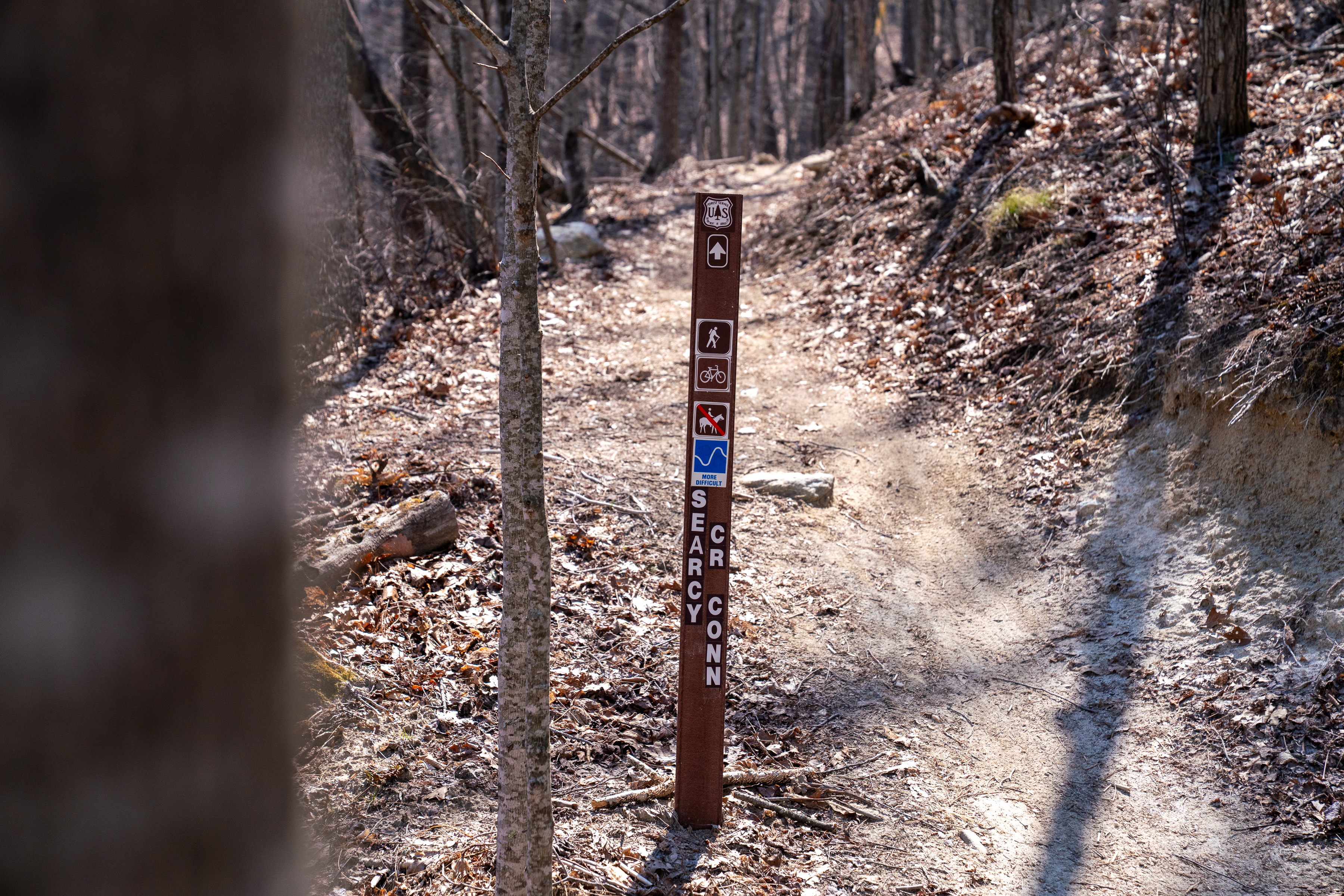 A wooden trail signpost indicating various activities, including hiking, biking, and wildlife. The sign is located along a dirt path in a wooded area, surrounded by trees and fallen leaves. The words "Searcy Conn" are visible on the sign. Searcy Creek Connector mountain bike trail.