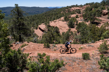 A mountain biker riding along a rocky trail surrounded by dense greenery and sloped terrain. The landscape features red rock formations and distant mountains under a clear blue sky. Highline Trail mountain bike trail.