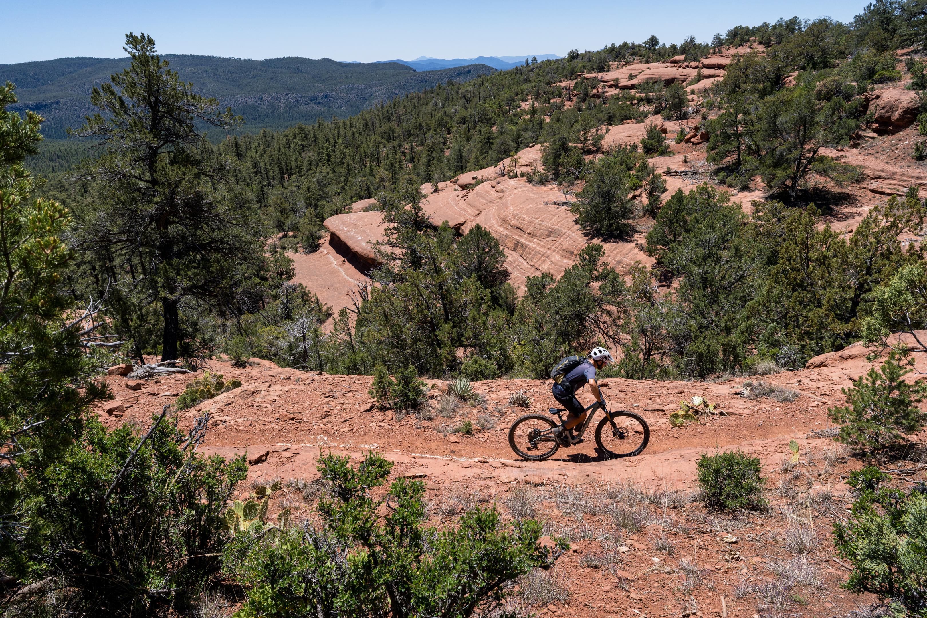 A mountain biker riding along a rocky trail surrounded by dense greenery and sloped terrain. The landscape features red rock formations and distant mountains under a clear blue sky. Highline Trail mountain bike trail.