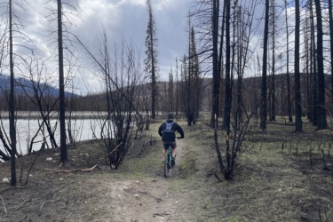 A person riding a mountain bike on a dirt path alongside a river, surrounded by blackened trees from a recent wildfire. The landscape features a mix of charred tree trunks and areas of green grass under a partly cloudy sky. 12 to 5 to 5 / Valley of the Five Lakes and Wabasso Lake mountain bike trail.