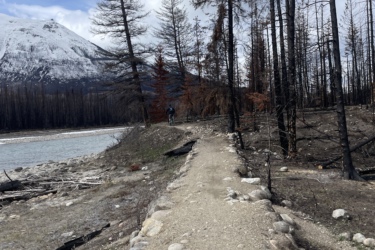 A winding dirt path bordered by smooth stones runs alongside a river, with charred trees standing in the background. In the distance, snow-capped mountains rise under a cloudy sky. A person is seen walking along the path, surrounded by the remnants of a recent wildfire. 12 to 5 to 5 / Valley of the Five Lakes and Wabasso Lake mountain bike trail.