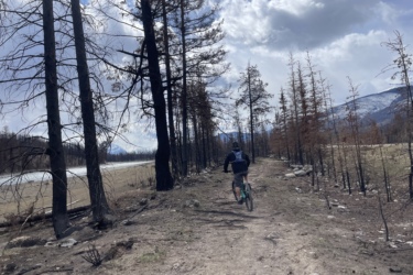 A person biking on a dirt trail surrounded by charred trees from a recent wildfire, with a river visible on the left and snow-capped mountains in the background under a cloudy sky. 12 to 5 to 5 / Valley of the Five Lakes and Wabasso Lake mountain bike trail.