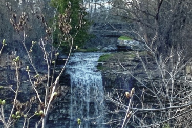 Waterfall cascading down a rocky cliff surrounded by bare trees and budding branches, with a stone bridge in the background. The scene captures the tranquility of nature in early spring. Rockcliffe Waterdown mountain bike trail.