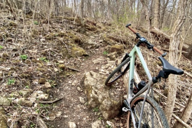 A mountain bike is resting on a rocky trail surrounded by bare trees and scattered leaves. The path is uneven, with large rocks and branches visible, indicating a natural wooded area. The sky above is clear with hints of blue peeking through the branches. Rockcliffe Waterdown mountain bike trail.