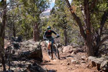 A mountain biker navigating a rocky trail through a forested area, surrounded by trees and scattered boulders. The cyclist wears a helmet and protective gear, showcasing an adventurous outdoor activity. Cliffrose Trail System mountain bike trail.