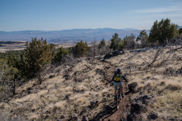 A mountain biker rides down a rocky trail surrounded by sparse vegetation and distant mountains under a clear blue sky. Cliffrose Trail System mountain bike trail.