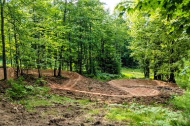 A dirt bike course featuring curved trails and jumps, situated in a lush, green forest with dense trees and underbrush. Pine Mountain Resort mountain bike trail.