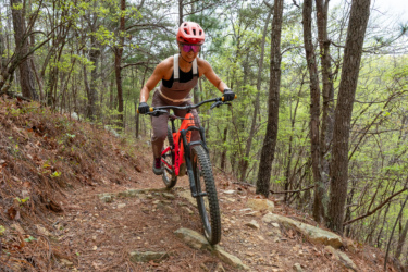 A person riding a mountain bike on a rocky trail in a forested area, wearing a helmet and protective gear. Green trees and foliage are visible in the background, indicating a spring or summer setting. The rider is navigating a section of the trail that has rocks and dirt. Mama Bear mountain bike trail.
