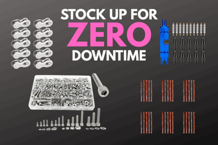 Image alt tag: A collection of various mechanical parts and fasteners, including chains, screws, nuts, and connectors, arranged on a dark background with the text "STOCK UP FOR ZERO DOWNTIME" prominently displayed in the center.