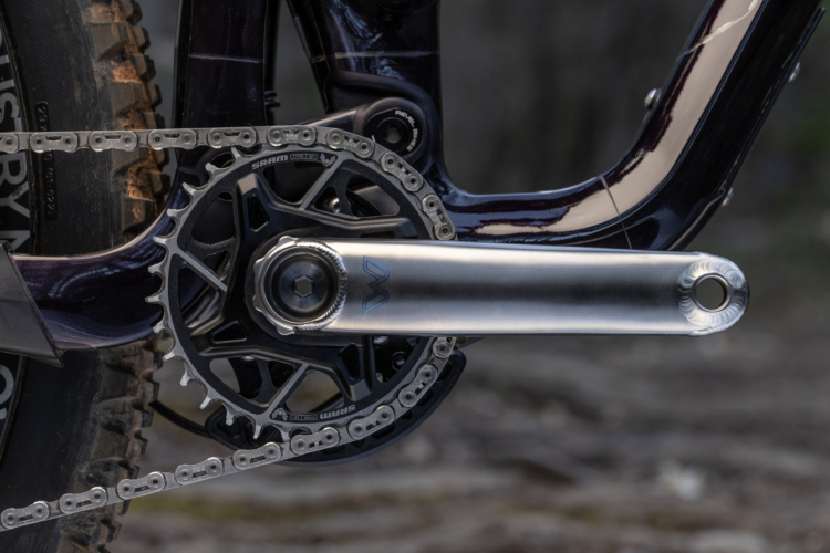 Close-up view of a Cane Creek eeWings titanium crankset featuring a black chainring, stainless steel crank arm, and a silver chain. The tire and bike frame are partially visible in the background, indicating an outdoor setting.