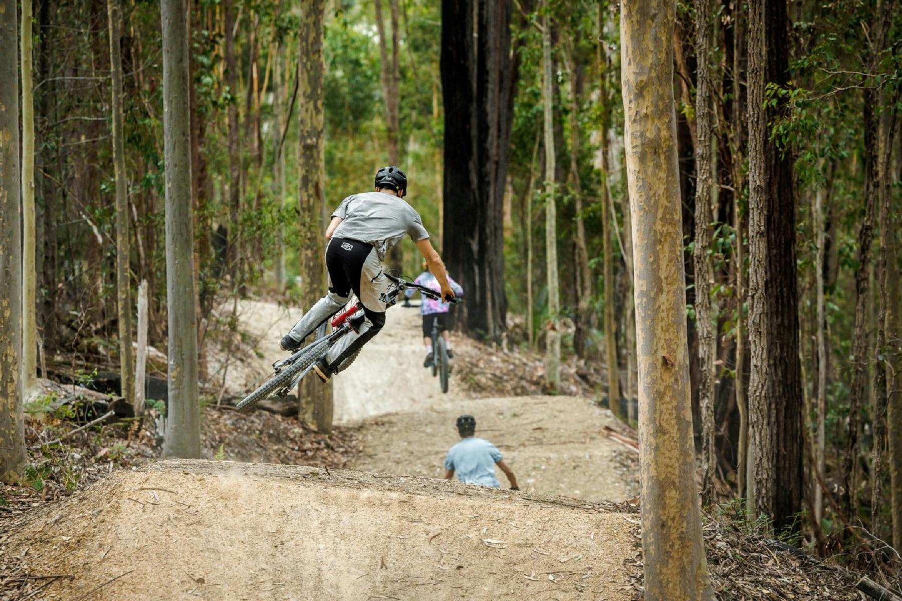 Mountain bikers riding on a dirt trail through a forest, with one biker airborne over a jump in the foreground, while another biker is seen further down the trail. Narooma Trails mountain bike trail.