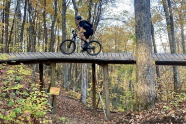 A mountain biker riding across a wooden bridge during autumn, surrounded by trees with colorful leaves. A caution sign is visible near the trail, indicating potential hazards. The ground is covered in fallen leaves. Dirt Candy mountain bike trail.