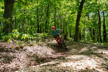 A mountain biker navigating a twisty dirt trail in a lush green forest, wearing a helmet and biking gear, with sunlight filtering through the trees. WOKA Whitewater Park mountain bike trail.