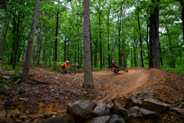 Two mountain bikers navigating a winding dirt trail in a lush green forest. The scene features tall trees and a natural, earthy path, showcasing the excitement of outdoor biking. One rider is wearing an orange jacket, while the other is in red, both wearing helmets as they maneuver around a curve. Chaotic Zone mountain bike trail.
