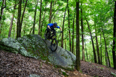 A mountain biker navigating a large rock while riding through a wooded area. The scene features lush green trees, highlighting the natural landscape, with fallen leaves on the ground and dappled sunlight filtering through the foliage. Pinnacle Mountain State Park mountain bike trail.