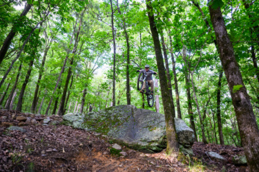 A mountain biker performing a jump off a large rock in a dense, green forest. The scene features tall trees and scattered rocks, highlighting an adventurous outdoor activity. Pinnacle Mountain State Park mountain bike trail.