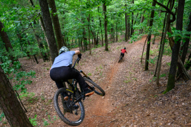 Two mountain bikers descending a dirt trail through a lush green forest. One rider is seen from behind, wearing a helmet and gray shirt, while the other rider, wearing a red shirt, follows the trail in the background. The ground is covered with leaves, and trees surround the path, creating a vibrant outdoor scene. Gravity Falls mountain bike trail.