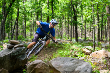 A mountain biker maneuvering through a rocky path in a lush green forest, leaning into a turn while surrounded by trees and vegetation. Blue Mountain mountain bike trail.