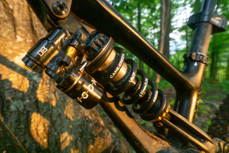 Close-up view of a bicycle rear shock and suspension components, featuring a Cane Creek shock coil with labels visible. The background shows a blurred forest setting, illuminated by warm sunlight filtering through the trees.
