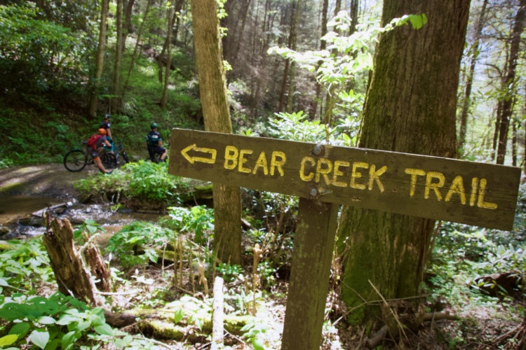 A wooden sign marked "Bear Creek Trail" with an arrow pointing left, surrounded by lush green foliage and trees. In the background, two cyclists are seen near their bikes.