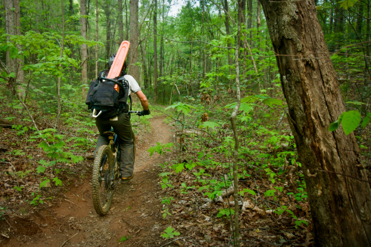 A person riding a mountain bike on a dirt trail through a lush green forest, carrying an EVOC Trail Builder 35 chainsaw backpack . The scene features dense trees, foliage, and a winding pathway, suggesting an adventurous outdoor atmosphere.