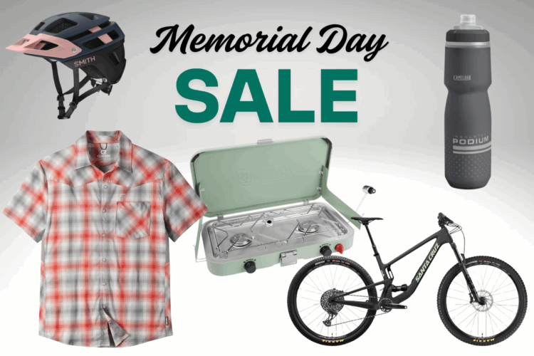 A promotional image featuring a Memorial Day sale. It includes a black and pink cycling helmet, a short-sleeve plaid shirt, a green camping stove, a mountain bike, and an insulated water bottle. The text "Memorial Day SALE" is prominently displayed in the background.