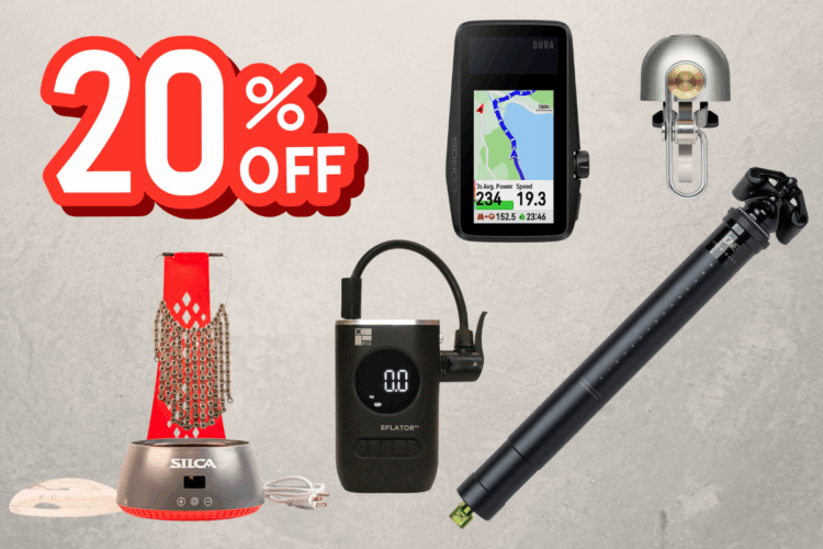 Promotional image featuring various cycling accessories, including a bike computer, a bike light, a chain cleaning tool, a digital pump, and a bike seat post, with a bold text overlay indicating a 20% discount.