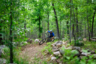 A mountain biker leans into a turn on a dirt trail surrounded by lush green trees and scattered rocks, showcasing an adventurous spirit in the heart of nature. Dhu Drop mountain bike trail.