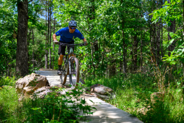 A mountain biker navigating a wooden pathway through a lush, green forest. The cyclist is focused and wearing a helmet, with rocky terrain on either side of the trail. Sunlight filters through the trees, highlighting the vibrant greenery of the surrounding foliage. Dhu Drop mountain bike trail.