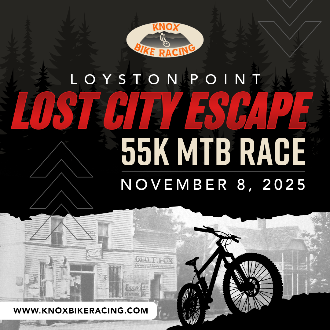 Promotional graphic for the "Lost City Escape" 55K mountain bike race, scheduled for November 8, 2025, in Loyston Point. The design features a silhouette of a mountain bike against a backdrop of trees and a historical building, with bold text indicating the event details. The graphic includes the Knox Bike Racing logo and the website link.
