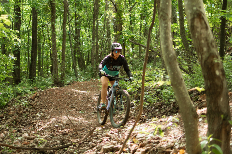 A mountain biker navigating a dirt trail in a lush forest. The rider is wearing a helmet and sport attire, focused on maneuvering through the greenery. Sunlight filters through the trees, illuminating the path scattered with rocks and vegetation.