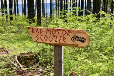 A wooden sign in a forest, with the words "BAD MOTOR SCOOTER" painted in red letters, alongside a graphic of a motorcycle. The sign points into a green, lush area with trees and undergrowth in the background. Bad Motor Scooter mountain bike trail.