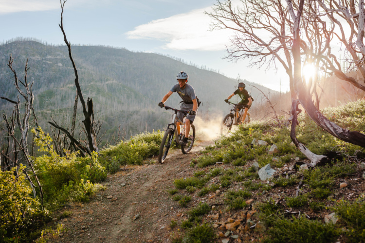Two mountain bikers navigate a winding dirt trail surrounded by greenery and burnt trees, with mountains in the background and sunlight filtering through the scene. Dust kicks up as they ride, capturing a sense of outdoor adventure and exploration.