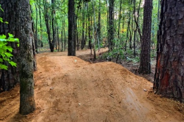 A winding dirt path trails through a lush green forest, surrounded by tall trees. The ground is smooth and well-defined, indicating it's a biking or walking trail. Sunlight filters through the leaves, creating a natural and inviting atmosphere. Lakewoods Trail System mountain bike trail.