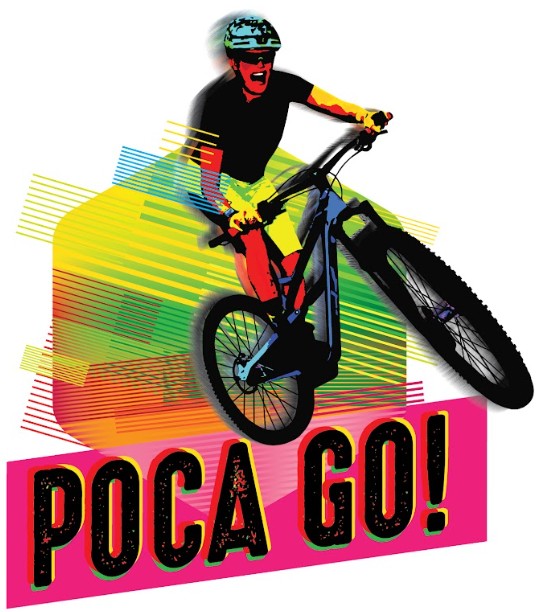 A digital illustration of a cyclist performing a jump on a mountain bike, surrounded by vibrant, colorful graphic elements. The text "POCA GO!" is prominently displayed in bold, playful lettering at the bottom.