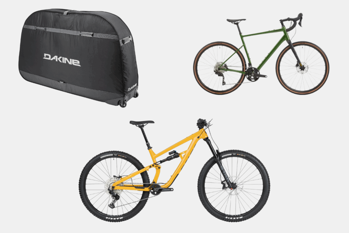 A black Dakine bike bag with wheels is shown at the top, while a green bicycle with drop handlebars is positioned in the upper right corner. A bright yellow mountain bike with a full suspension frame is featured at the bottom.