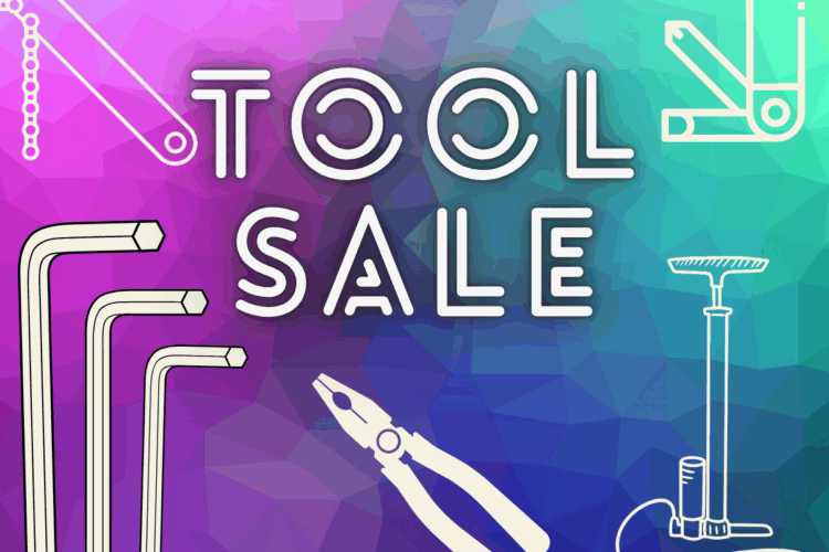Text graphic advertising a "Tool Sale" with a colorful geometric background and illustrations of various tools, including hex keys, pliers, and a pump.