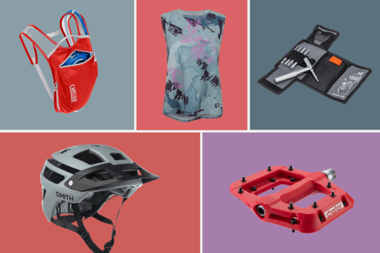 A collection of cycling gear displayed on different colored backgrounds, including a red hydration pack, a sleeveless patterned top, a gray bicycle helmet, a multi-tool kit, and a red pedal.