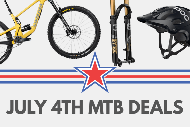 Image showing a yellow mountain bike frame, a black suspension fork, a black helmet, and a mountain bike tire, with a red, white, and blue star graphic and text that reads "JULY 4TH MTB DEALS."