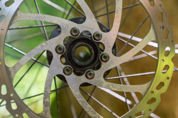 Close-up view of a bicycle disc brake rotor, showing the intricate design of the rotor's surface and the surrounding bolts. The background features a blurred natural setting, enhancing the focus on the rotor.