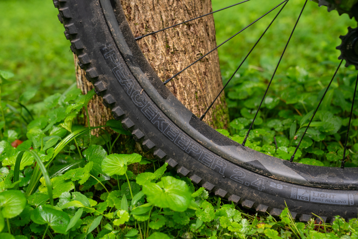 Close-up of a mountain bike tire labeled "PEACEKEEPER 2.4" resting against a tree trunk, surrounded by lush green grass and small leaves. The tire shows signs of dirt, indicating recent use in outdoor terrain.