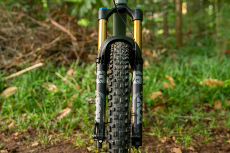 Close-up view of a mountain bike's front wheel and suspension fork, set against a blurred background of greenery and forest foliage. The tire features a rugged tread pattern, while the forks are black with gold accents, highlighting the bike's design and functionality.