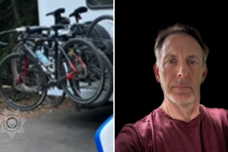 A side-by-side image: on the left, several bicycles mounted on the back of a vehicle, with trees in the background; on the right, a close-up portrait of a middle-aged man with short hair, wearing a maroon shirt, against a dark background.