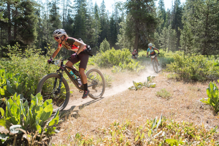 A group of mountain bikers riding along a dirt trail surrounded by greenery in a forested area. The lead cyclist, wearing a helmet and colorful clothing, navigates the path while kicking up dust. Two other cyclists are visible in the background, enjoying the outdoor adventure on a sunny day.